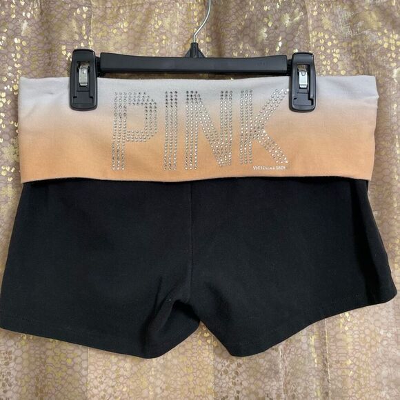 VTG Y2K PINK Rhinestone Logo Fold Over Ombre Orange Black Yoga Shorts Small - Picture 1 of 5